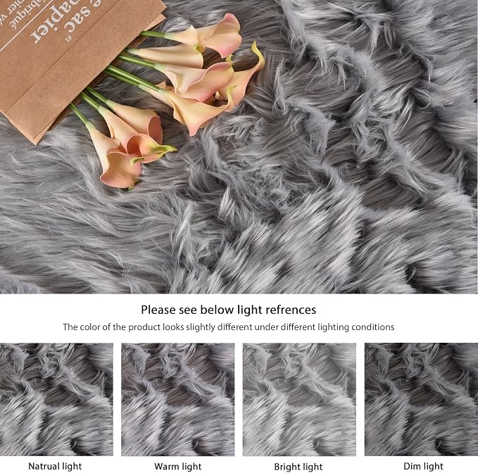 ORINOVA Light Grey Furry Washable Sheepskin Fur Area Rugs - Image 8