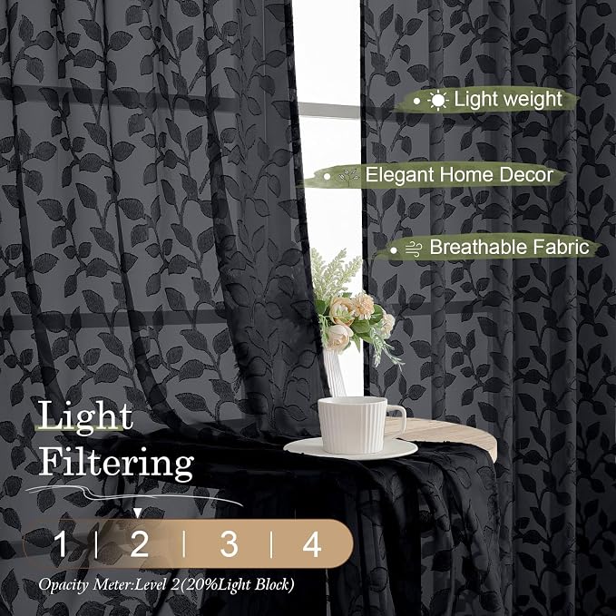 Chyhomenyc Black Sheer Curtains 24 Inch Length, Light Filtering Leaf Tufted - Image 2