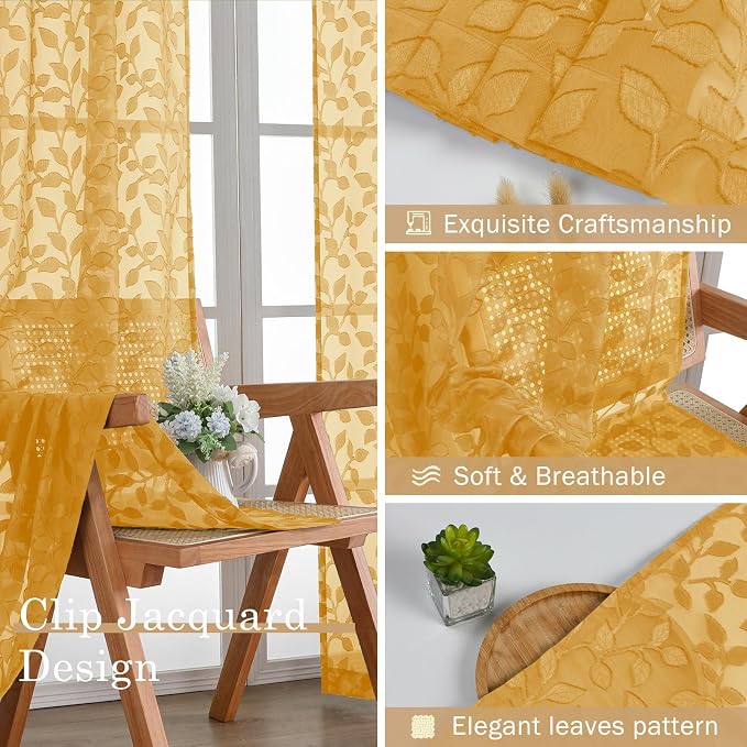 Chyhomenyc Gold Sheer Curtains 96 Inch Length 2 Panels Set, Light Filtering - Image 7