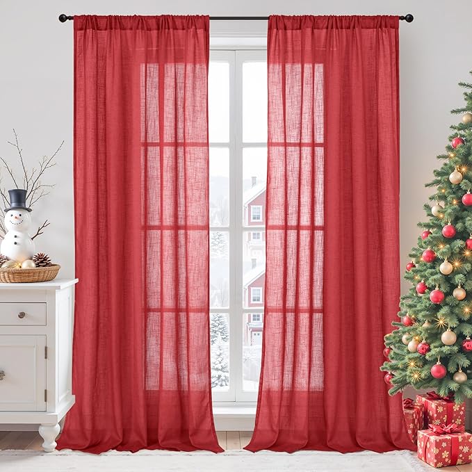 BGment Red Linen Semi Sheer Curtains by BGment
