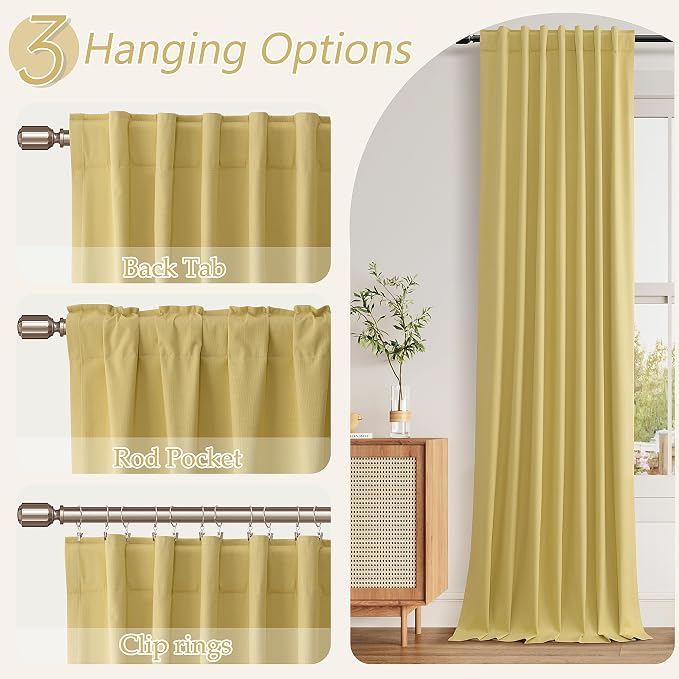Guken Yellow 100% Blackout Linen Curtains 63 Inch Length 2 Panels Set - Image 6