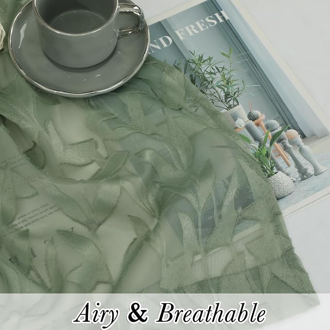 Lecloud Leia Sage Green Sheer Kitchen Curtains 18 Inch Length 2 Pcs, Jacquard - Image 2