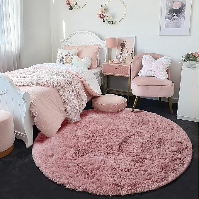 Blush Round Rug 6Ft for Bedroom, Fluffy Fuzzy Plush Circle Area Rugs for Baby - Image 3