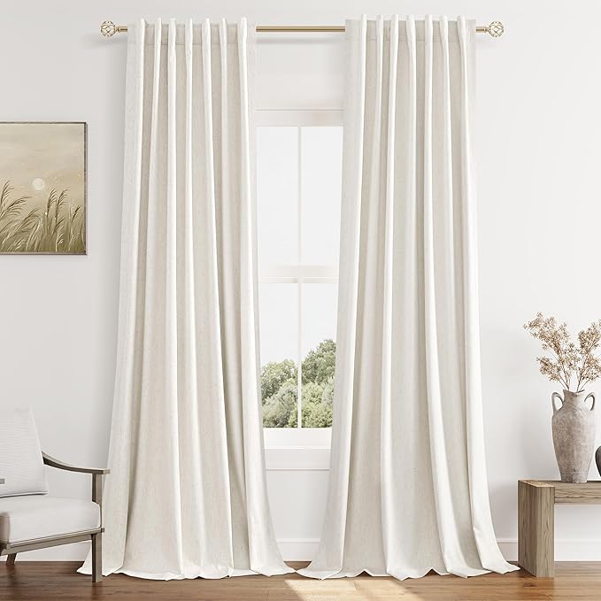 Beige White 100% Blackout Linen Curtains 120 Inch Length 2 Panels Set by Guken