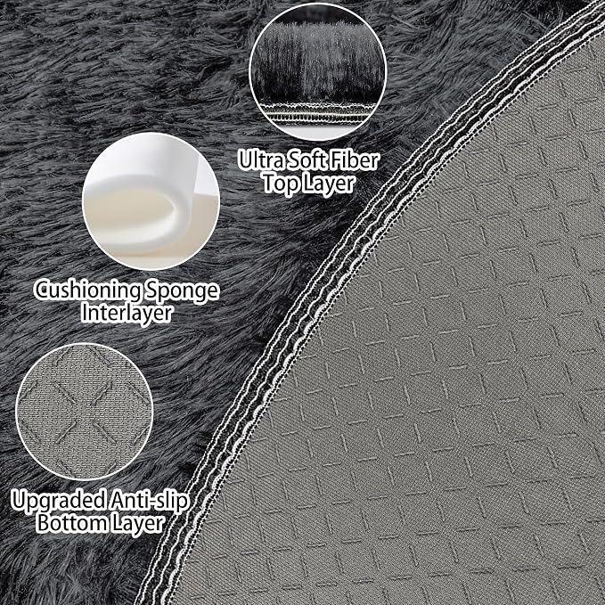 Tie Dye Black Round Rugs Small 2x2 ft Fluffy Circle Rug Furry Carpet Shaggy - Image 5