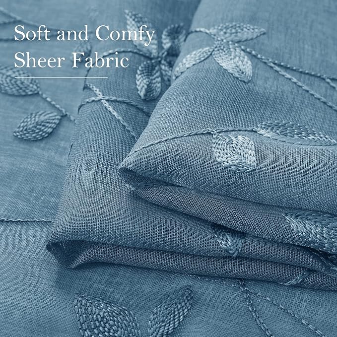 HOMEIDEAS Cyan Blue Sheer Curtains 52 X 84 Inches Length 2 Panels Embroidered - Image 4