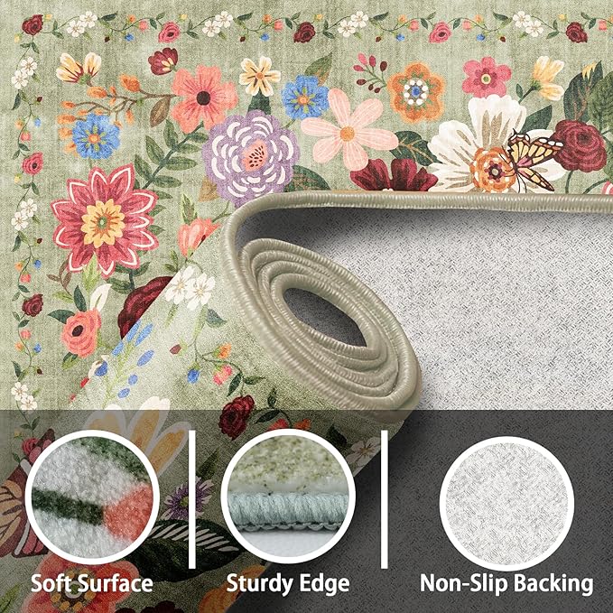 Floral Machine Washable Rug Green, 3x5 Rug Non Slip Soft Bedroom Rugs - Image 5