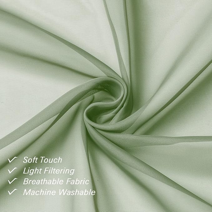 Lecloud Sage Green Sheer Curtains 63 Inch Long 2 Panels, Elegant Voile Drapes - Image 4