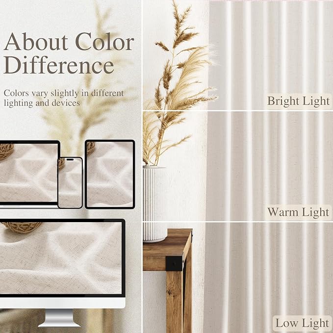 Beige Linen Curtains 84 Inch Length 2 Panels Back Tab Rod Pocket Semi Sheer - Image 4