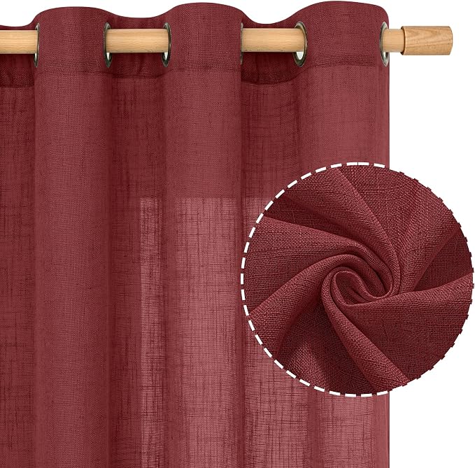 LAMIT Burgundy Red Semi Sheer Linen Curtains 45 Inches Long, Light Filtering - Image 2
