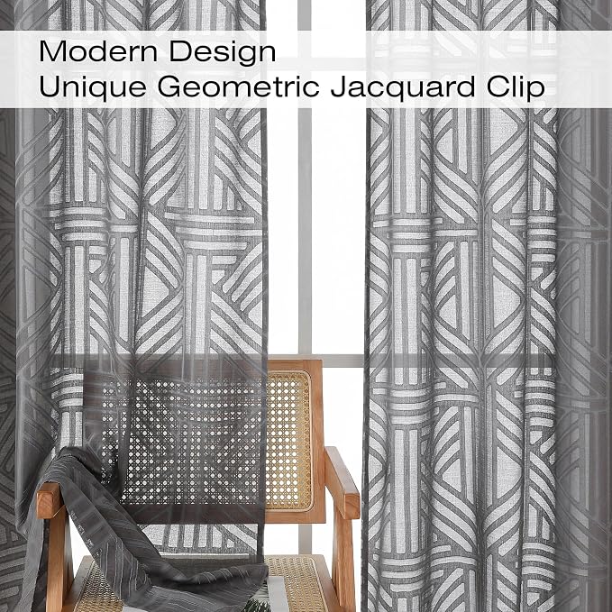 Simplebrand Grey Semi Sheer Curtains 45 Inch Length 2 Panels, Geometric - Image 3