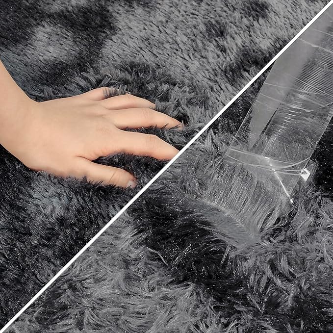 Tie-Dyed Runner Rug for Bedroom Black Grey 2x8ft Fluffy Area Rug Bedside Runner - Image 6