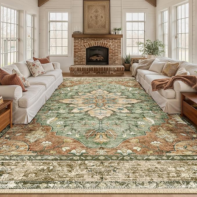 Area Rugs 10'x12' Washable Non-Slip, Floral Vintage Distress Print Pattern by RELEANY