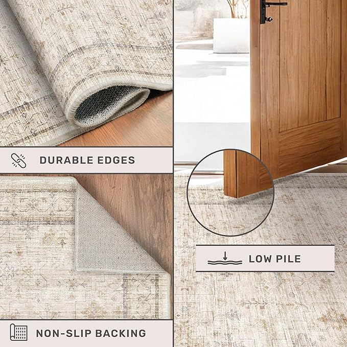 Cream 2x5 Runner Rugs for Bathroom Floor, Geometric Floral Throw Rugs Washable - Image 4