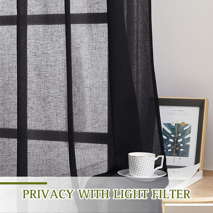 NICETOWN Black Sheer Curtains for Bedroom, Grommet Linen Blend Semi Sheer - Image 4
