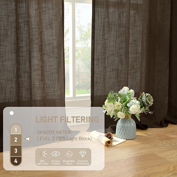 LAMIT Dark Brown Sheer Linen Curtains, 102 inch Light Filtering Semi Sheer - Image 4