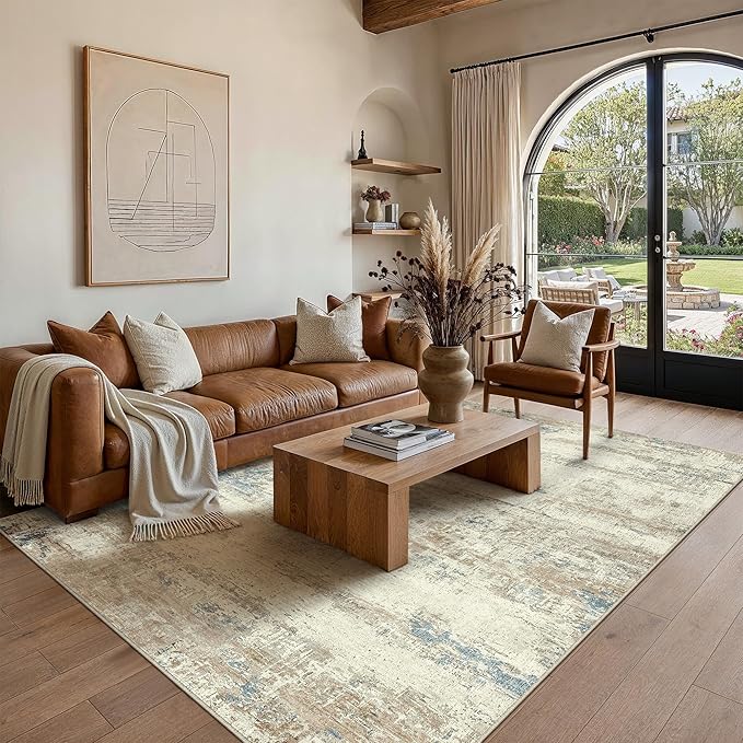6x9 Area Rug Washable Beige Brown Abstract Living Room Carpet Non Slip Modern - Image 3