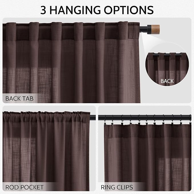 Coffee Brown Linen Curtains for Living Room 105 Inches Long Light Filtering - Image 2
