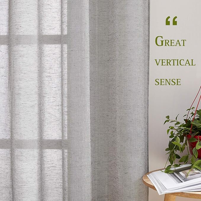 NICETOWN Faux Flax Linen Sheer Curtains 96 inch Long, Grommet Rustic Flax Semi - Image 2