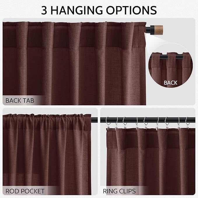 Extra Long Curtain Reddish Brown Morden Linen Blend Light Filtering Back Tab - Image 3