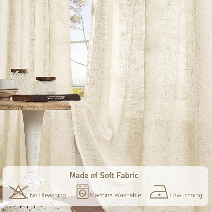 LAMIT Linen Curtains 63 Inch for Bedroom, Light Filtering Neutral Semi Sheer - Image 8