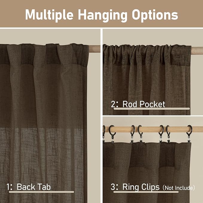 LAMIT Linen Curtains 63 Inch Length 2 Panels, Light Filtering Panels Back Tab - Image 3
