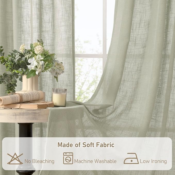 LAMIT Sage Grey Linen Kitchen Curtains 30 Inch Length, Semi Sheer Light - Image 8