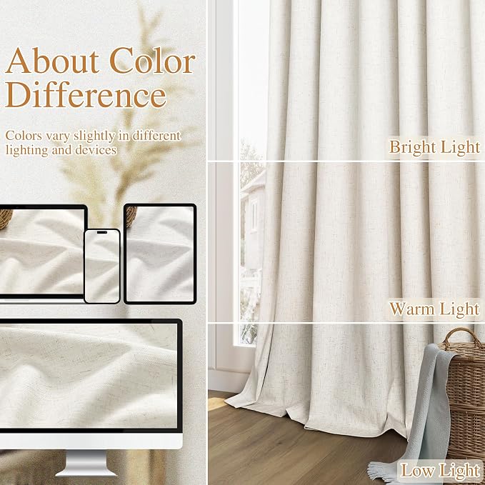 Guken Cream 100% Blackout Linen Curtains 95 Inch Length 2 Panels Set - Image 7
