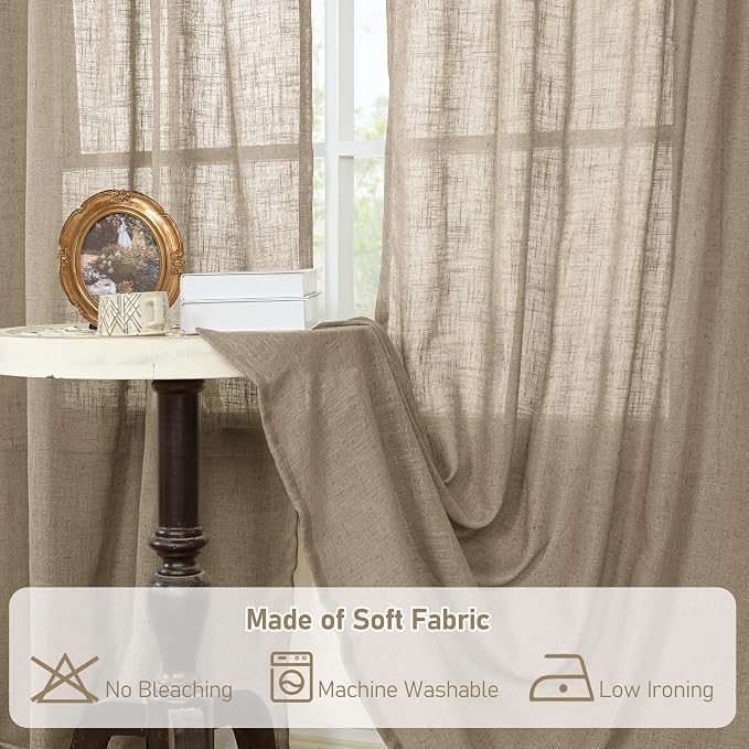 LAMIT Taupe Semi Sheer Window Linen Curtains 63 Inch Length, Light Filtering - Image 8