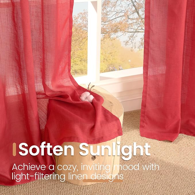 BGment Red Linen Kitchen Curtains Window Over Sink, Short Semi Sheer Drapes - Image 5