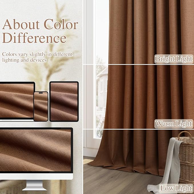 Guken Caramel Brown 100% Blackout Linen Curtains 72 Inch Length 2 Panels Set - Image 7