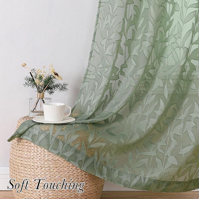Lecloud Leia Sage Green Semi Sheer Curtains 54 Inch Length 2 Panels, Jacquard - Image 7