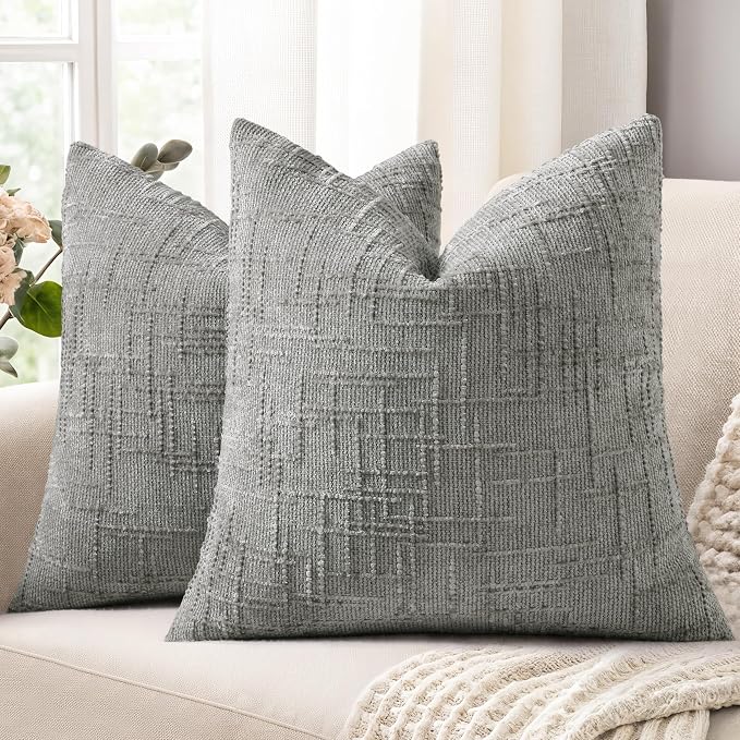 decorUhome Neutral Grey Chenille Euro Sham Throw Pillow Covers 24x24 Set of 2 by decorUhome