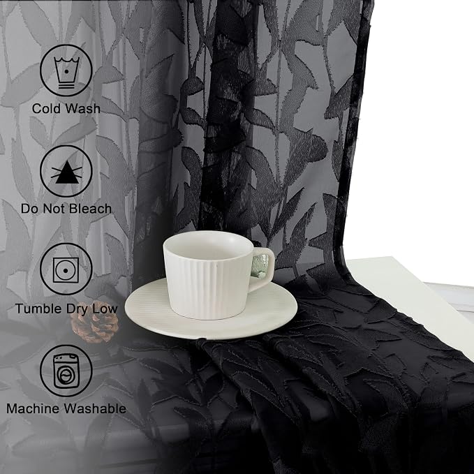 Lecloud Leia Black Sheer Curtains 72 Inches Long 2 Panels, Jacquard Leaf - Image 8