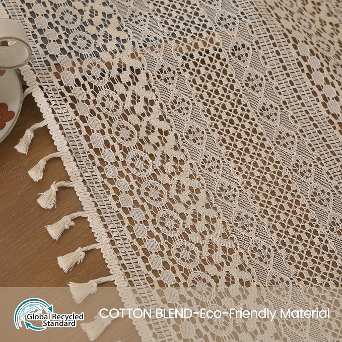 WAZZIO Boho Lace Curtains 54 Inches 2 Panel, Light Filtering Privacy Tassel & - Image 2