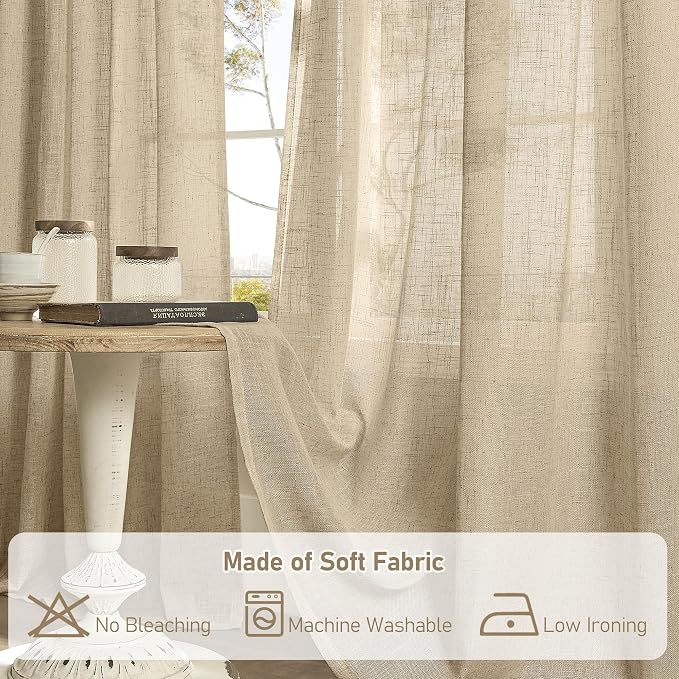 LAMIT 102 Inch Length Light Filtering Sheer Linen Curtains, Linen Textured Semi - Image 8