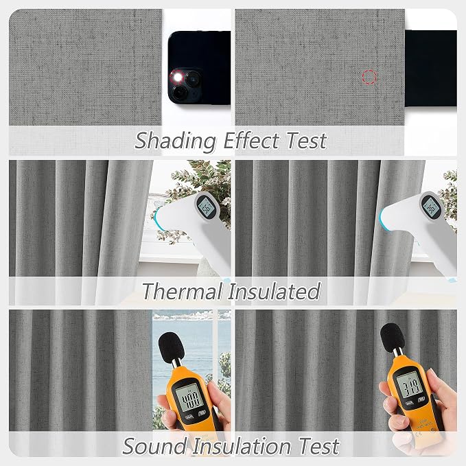 Guken Dark Grey 100% Blackout Linen Curtains 96 Inch Length 2 Panels Set - Image 5