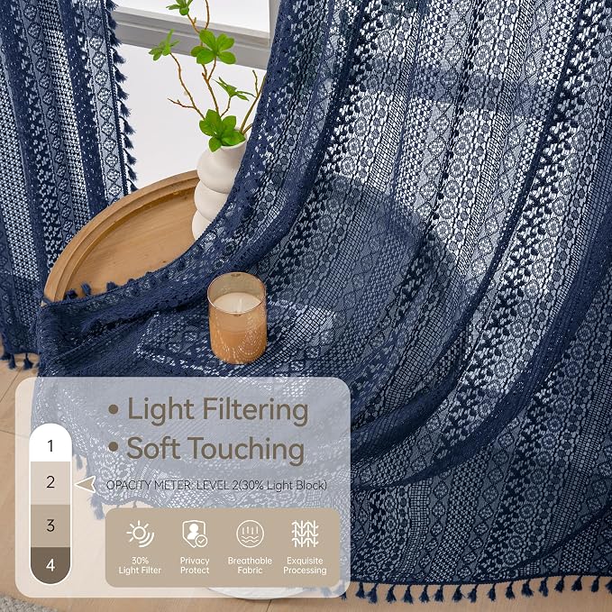 WAZZIO Boho Lace Curtains 84 Inches 2 Panel, Light Filtering Privacy Tassel & - Image 3