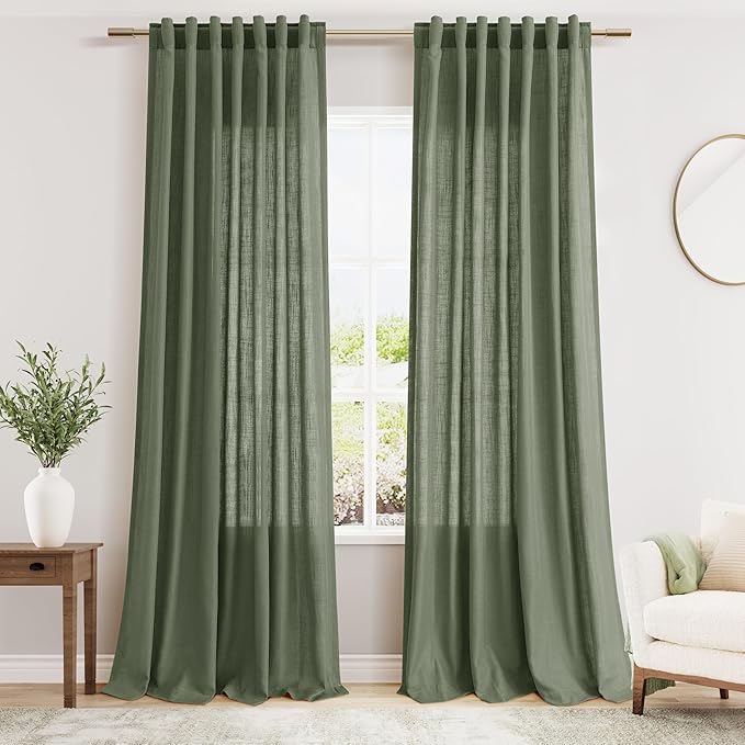 Olive Green Linen Curtains 96 Inches Long by Nanspring