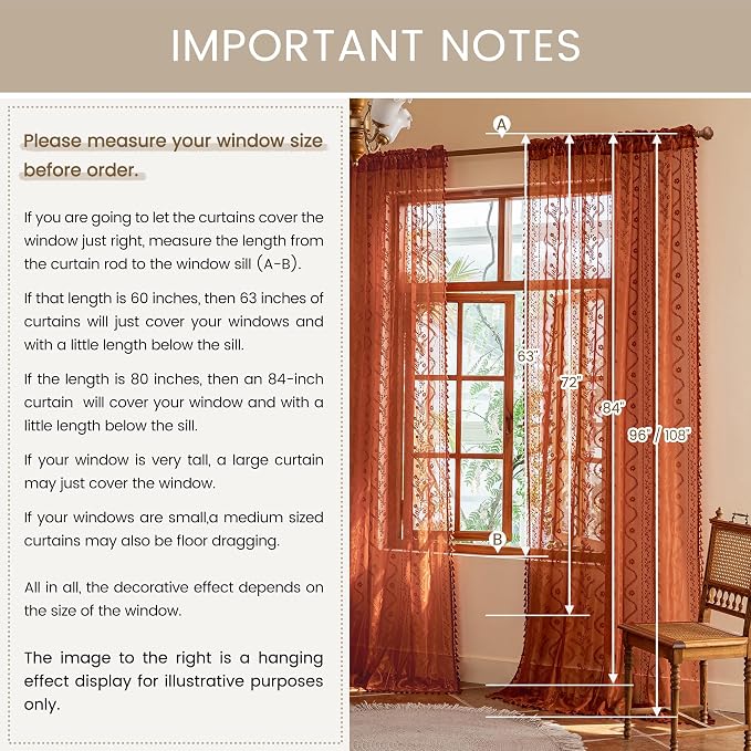 WAZZIO Boho Lace Curtains 63 Inch 2 Panels-Vintage Sheer Panel Drape Floral - Image 8