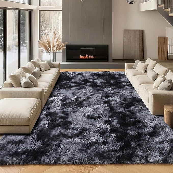 ONASAR 8x10 Area Rugs for Living Room, Tie-Dyed Dark Grey Fluffy Shag Large by ONASAR