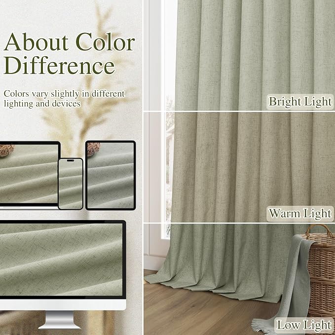 Sage Green 100% Blackout Linen Curtains 108 Inch Length 2 Panels Set - Image 7