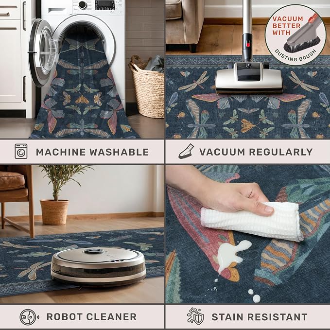 Dark Blue 2x3 Small Rugs for Bathroom Non Slip, Washable Vintage Boho Insect - Image 4