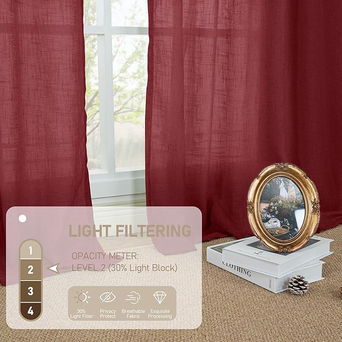 LAMIT Burgundy Red Semi Sheer Linen Curtains 45 Inches Long, Light Filtering - Image 5
