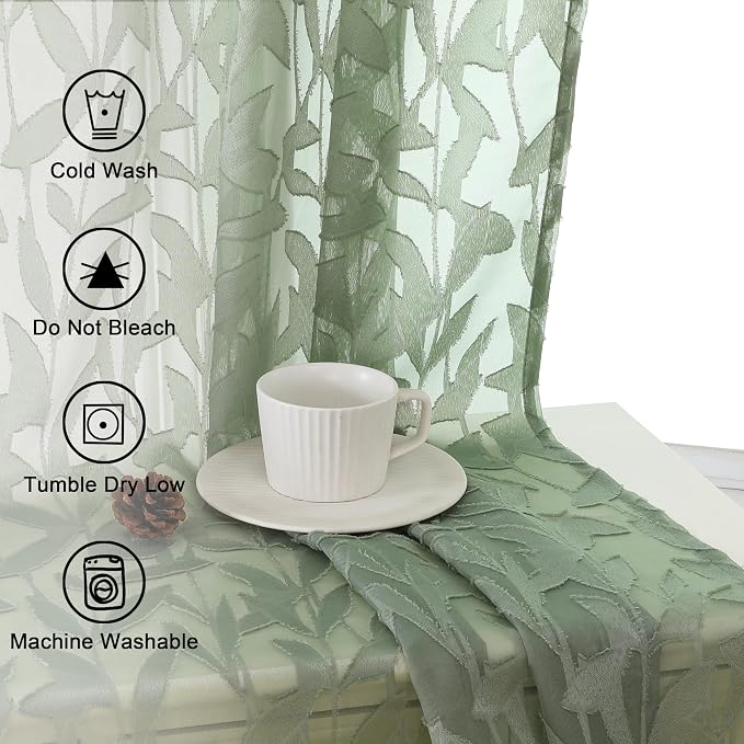 Lecloud Leia Sage Green Sheer Curtains 90 Inch Length 2 Pieces, Breathable - Image 3