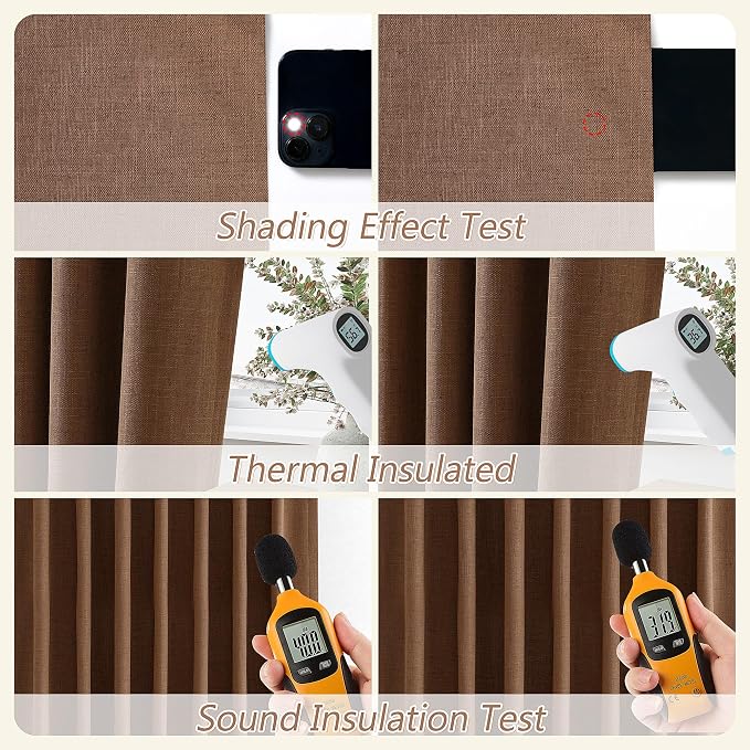Guken Caramel Brown 100% Blackout Linen Curtains 96 Inch Length 2 Panels Set - Image 5