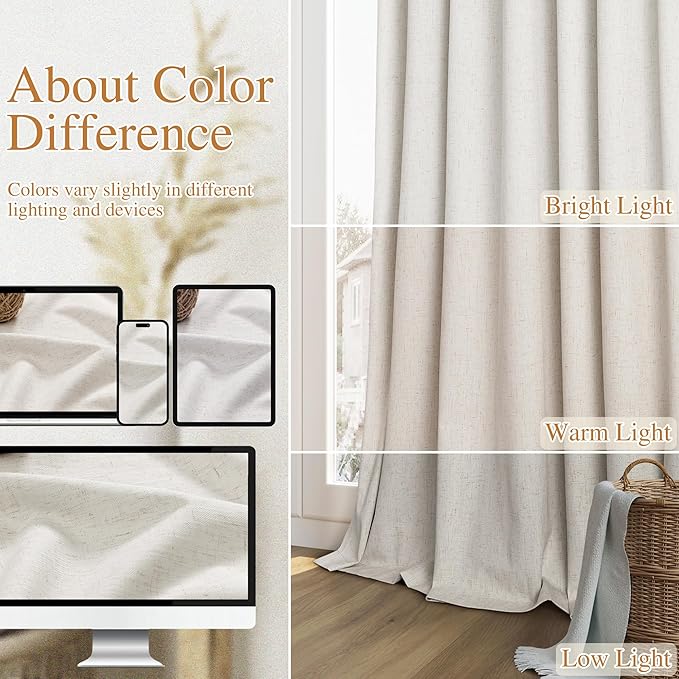 Guken 102 Inches Extra Long Boho 100% Blackout Linen Curtains 2 Panels Set - Image 7