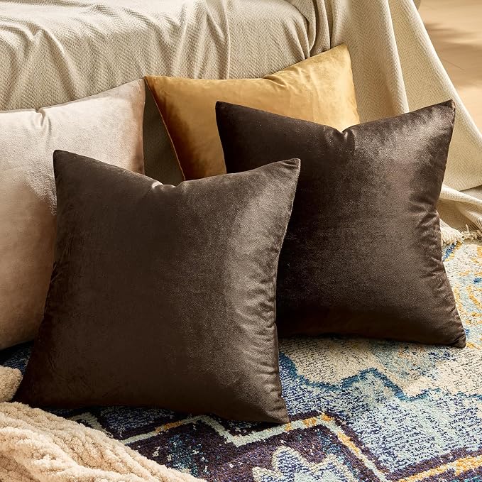 GIGIZAZA Brown Velvet Pillow Covers 22x22, Square Solid Throw Pillow Covers - Image 2