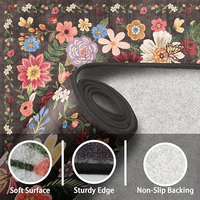 Floral Machine Washable Rug Black/Brown, 3x5 Rug Non Slip Soft Bedroom Rugs - Image 4