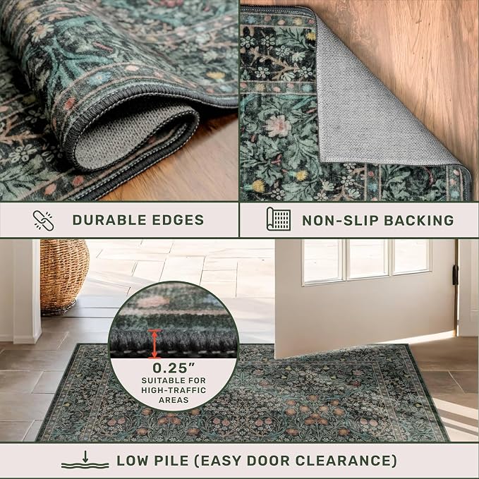 Dark Green Washable 3x20 Extra Long Runner Rug - Image 5